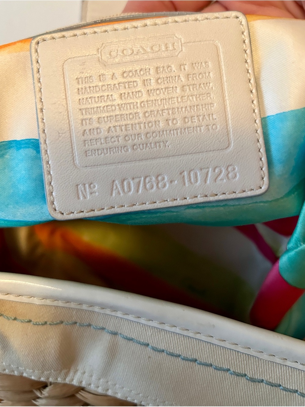 Coach Y2K wicker tote, with white trim and aqua blue stitch-ing. Purse Charm - Picture 10 of 10